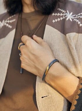 手镯纯银镶24K金手工男金错银