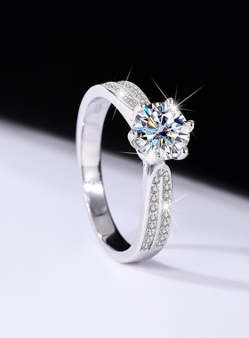 S925银莫桑石星光皇后戒指结婚求婚纯银戒指六爪钻戒求婚结婚戒指