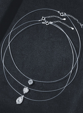 S925纯银人鱼泪项链水滴莫桑钻石鱼线项链吊坠创意隐形锁骨链饰品