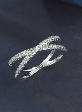 时尚S925纯银莫桑钻戒指女小众交叉排戒满镶仿真钻饰品送朋友闺蜜
