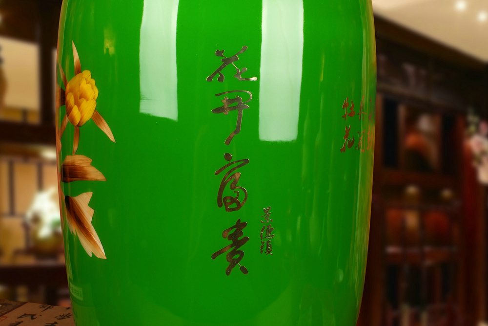 景德镇陶瓷器 绿麦秆牡丹花开富贵花瓶 开业送礼家居装饰摆件摆设