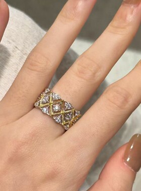 纯银s925意大利镂空菱格纹宽版戒指宫廷风复古精致指环高级感轻奢