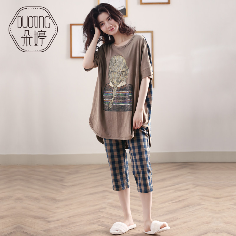 朵婷夏季纯棉短袖七分裤长款睡衣 朵婷睡衣/家居服套装