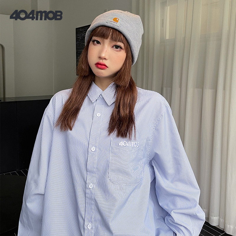 [赵圆媛同款]404MOB复古刺绣条纹长袖衬衫男女ins休闲衬衣外套潮,淘宝优惠券,粉丝福利购,淘宝优惠卷