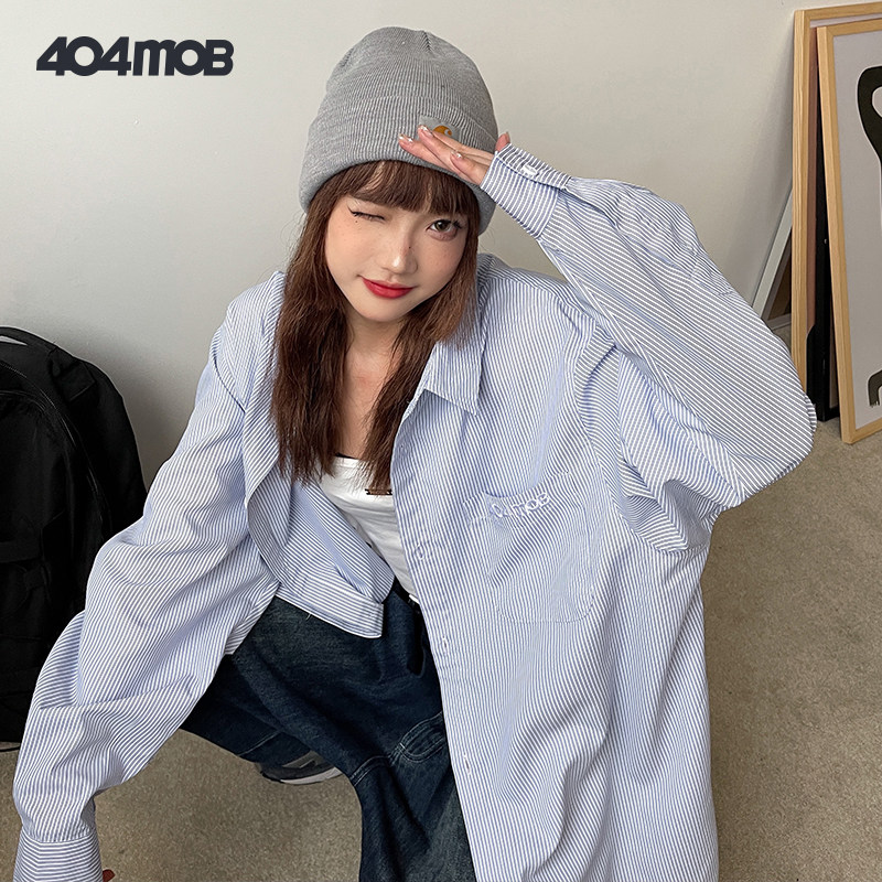 [赵圆媛同款]404MOB复古刺绣条纹长袖衬衫男女ins休闲衬衣外套潮,淘宝优惠券,粉丝福利购,淘宝优惠卷