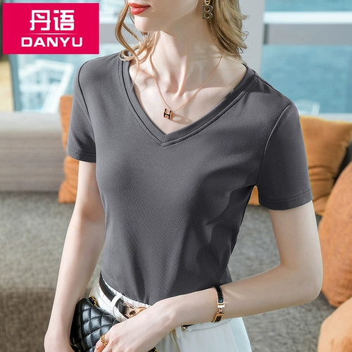 Футболка с коротким рукавом, летняя хлопковая летняя одежда, V-образный вырез, в корейском стиле