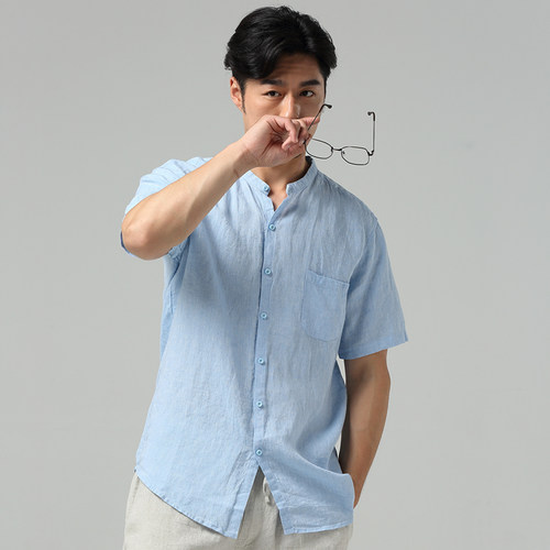 萨法瑞亚麻衬衫男宽松短袖男士立领休闲半袖薄款衬衣夏季棉麻寸衣 - 图2
