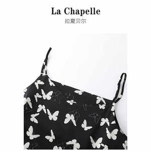 拉夏贝尔/La Chapelle黑色吊带连衣裙女夏季新款气质中长款碎花裙