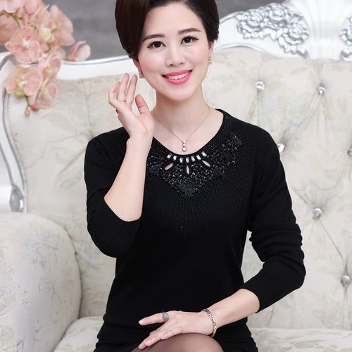 Демисезонный шерстяной трикотажный свитер для матери, для среднего возраста, большой размер, круглый воротник