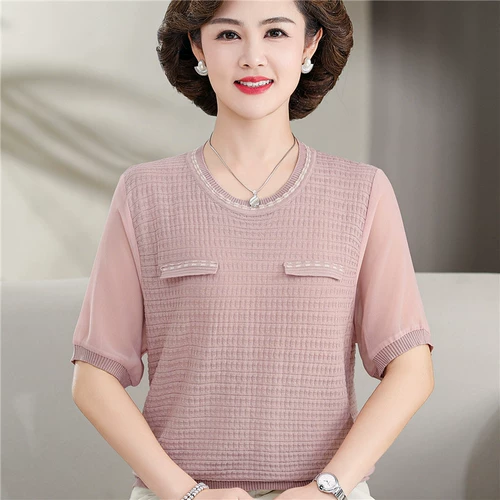 Шелковая летняя одежда для матери, трикотажная модная футболка, в западном стиле, свободный крой, для среднего возраста, круглый воротник