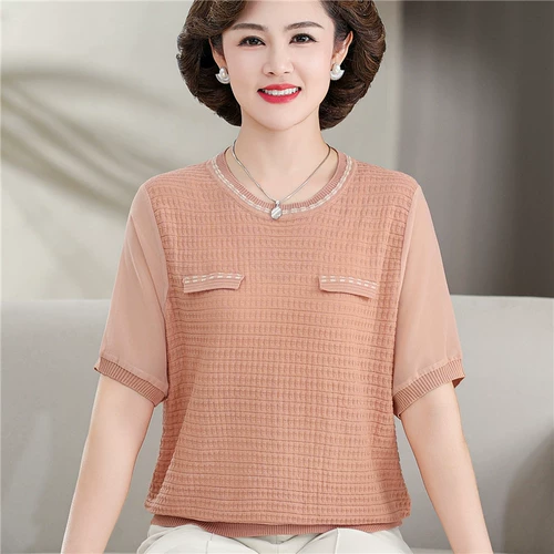 Шелковая летняя одежда для матери, трикотажная модная футболка, в западном стиле, свободный крой, для среднего возраста, круглый воротник