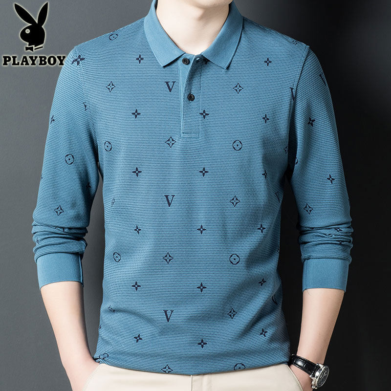 花花公子长袖t恤男士翻领印花 playboy辉腾T恤