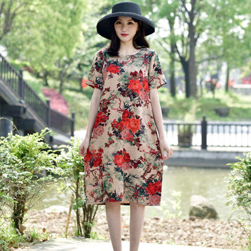 妈妈夏天2020新款中老年棉绸连衣裙 绒锦晟中老年女装