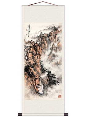 水墨山水画黄山挂画风水丝绸挂画客厅装饰画卷轴画国画玄关招财画