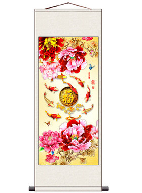 材质细腻柔软有光泽，丝绸卷轴画