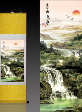 山水画招财富贵麋鹿好运丝绸