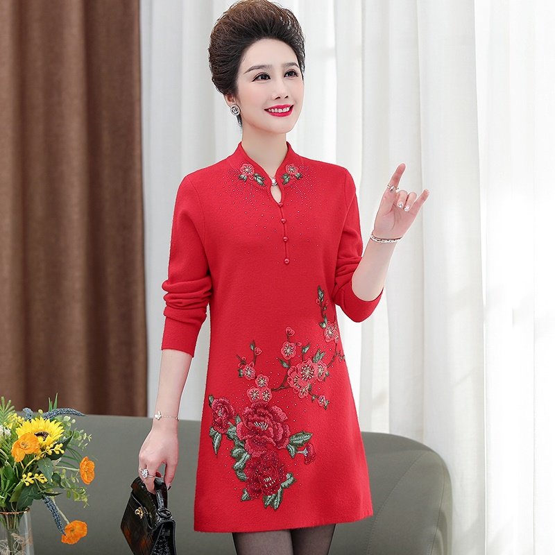 中老年女装秋冬毛衣裙中长款打底衫 暖妞中老年女装