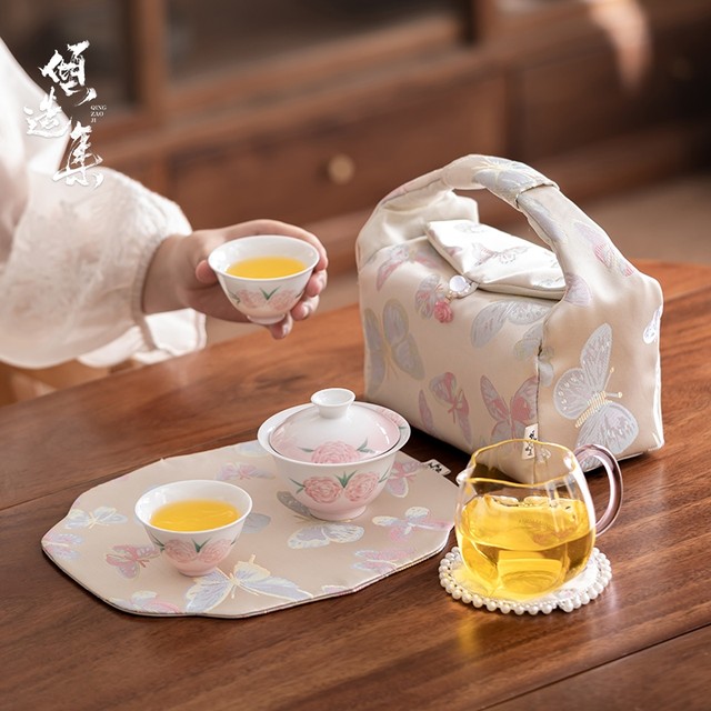 Hand-painted roses portable tea set brocade portable storage bag outdoor camping holiday gift