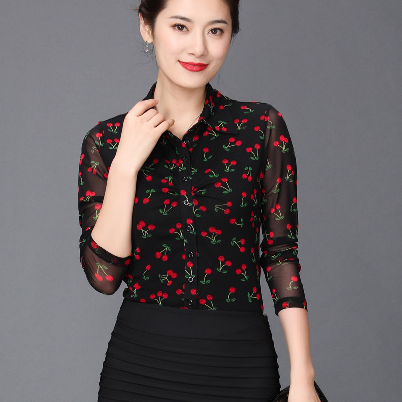 樱桃碎花复古港味长袖2020秋季衬衫 摩登猫衬衫