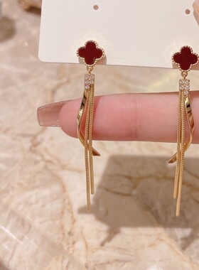 金色四叶草流苏女设计师耳钉