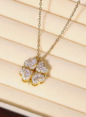 项链女日韩风时尚款两戴四叶花心连心镶钻开合爱心叠戴锁骨链饰品