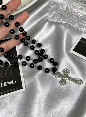 辣妹十字架项链哥特暗黑风串珠十字架毛衣链小众设计轻奢项饰配饰