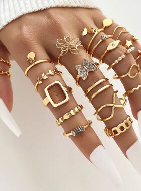 慕尚速卖通热销开口多关节戒指套装女小众镂空爱心蝴蝶戒指22件套