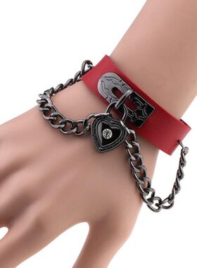 欧美个性朋克风心形锁手链挂坠链条手镯可调节手链皮革手环手腕带