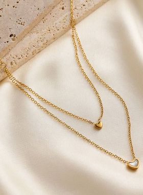 欧美不锈钢百搭心形项链女双爱心吊坠白贝锁骨链电镀18k金不掉色