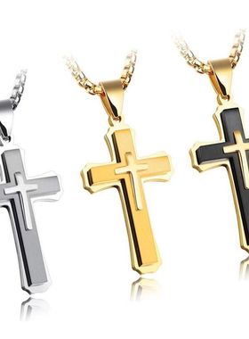 欧美饰品不锈钢十字架项链吊坠外贸钛钢不掉色项链三层立体