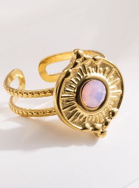 跨境新款轻奢简约钛钢镀18K金镶水滴圆天然石白母贝十字开口戒指