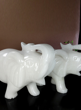 天然白玉大象摆件一对招财风水象吸水吸财象玄关客厅装饰镇宅玉象
