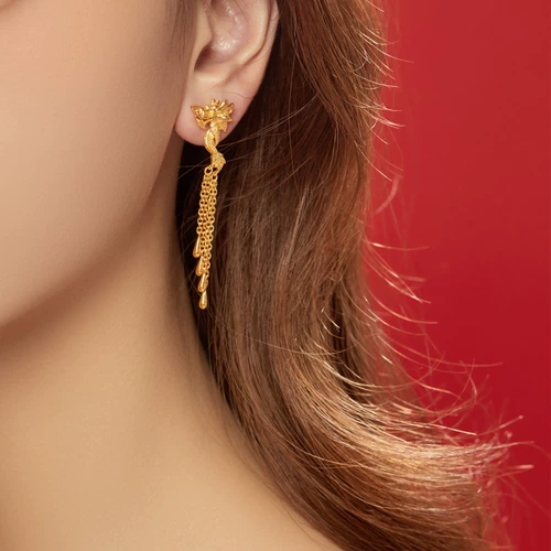 周生生 Золотые серьги, ювелирное украшение с кисточками, дракон и феникс