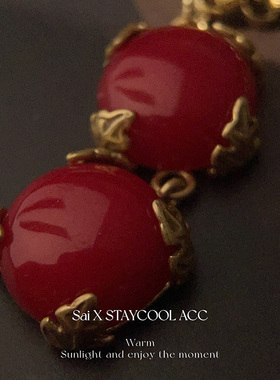 中古西洋古董风做旧复古红色石吊坠女士项链优雅高级感锁骨链42+7