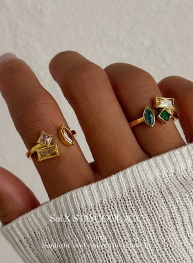 彩色几何锆石开口钛钢戒指女士指环北欧极简风轻奢高级感对戒