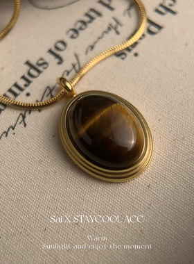 虎眼石椭圆形吊坠钛钢项链女士高级感北欧风毛衣链ins风