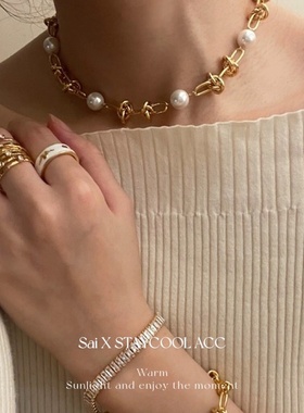 法式淡水珍珠扭结链条打结珠珠女士项链高级感锁骨链