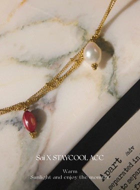 多层细链彩色石淡水珍珠女士项链度假风波西米亚锁骨链高级感