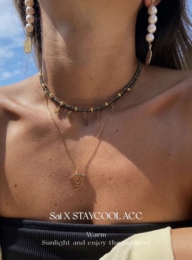 切面小米珠流苏吊坠链条项链女士锁骨链叠戴毛衣链北欧风