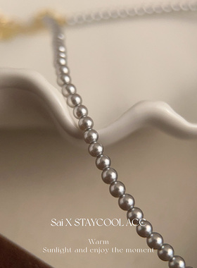 法式复古真多麻灰色施家珠珠蝴蝶结项链女士锁骨链高级感