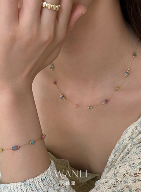 间隔彩色天然石锁骨链项链夏天女