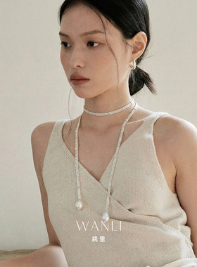 挽里银色丝带珍珠项链韩国巨好看