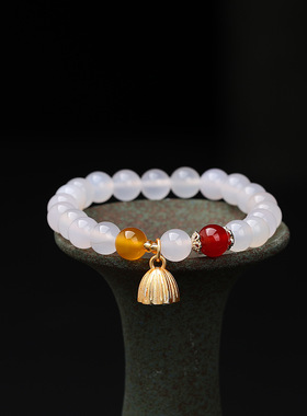 新款天然白玛瑙手串莲蓬手坠单圈女士手串6-10MM玛瑙水晶玉髓手链