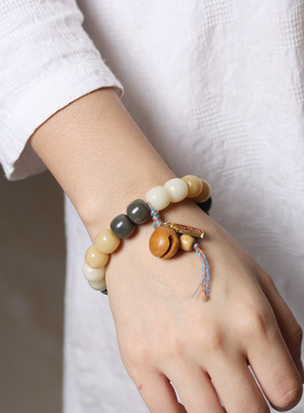 天然多宝白玉菩提根子DIY檀木鱼渐变手串男女士简约手链饰品佛珠