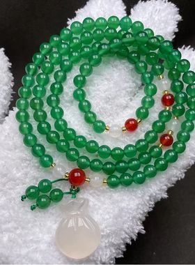 绿色天然玛瑙玉髓手链108颗多圈手串女情侣闺蜜水晶莲花马年饰品