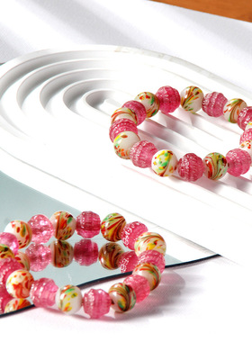 新品老琉璃手串复古凤尾粉点翠绿蛙皮纯手工手链文玩珠子中古送礼