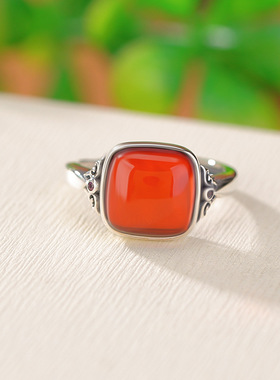 九世银S925纯银血珀卷草纹简约方形小众款指环时尚高级感轻奢戒指