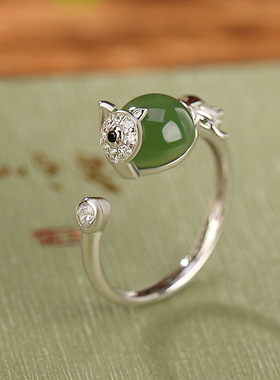 九世银S925纯银镀金和田玉碧玉金鱼银戒指设计感时尚小众百搭指环