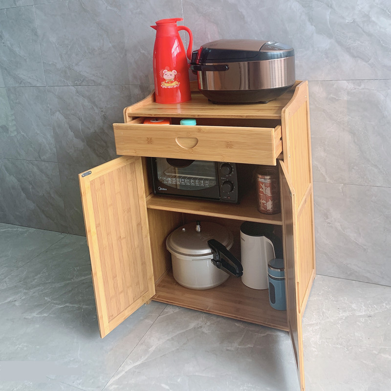 厨房微波炉架简易碗柜茶水柜实木竹子小柜子储物柜带门家用餐边柜 - 图2