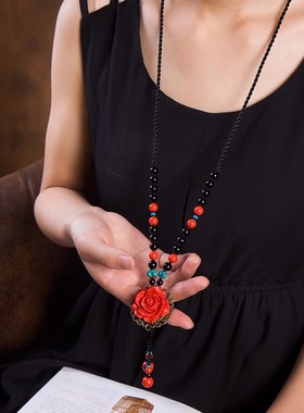 红色民族风花朵长项链